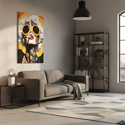 Portrait pop art d'une femme aux cheveux blancs, lunettes orange, motifs floraux et couleurs vives, ambiance énergique.