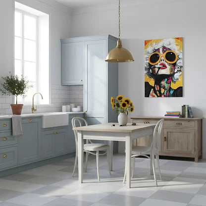 Portrait pop art d'une femme aux cheveux blancs, lunettes orange, motifs floraux et couleurs vives, ambiance énergique.