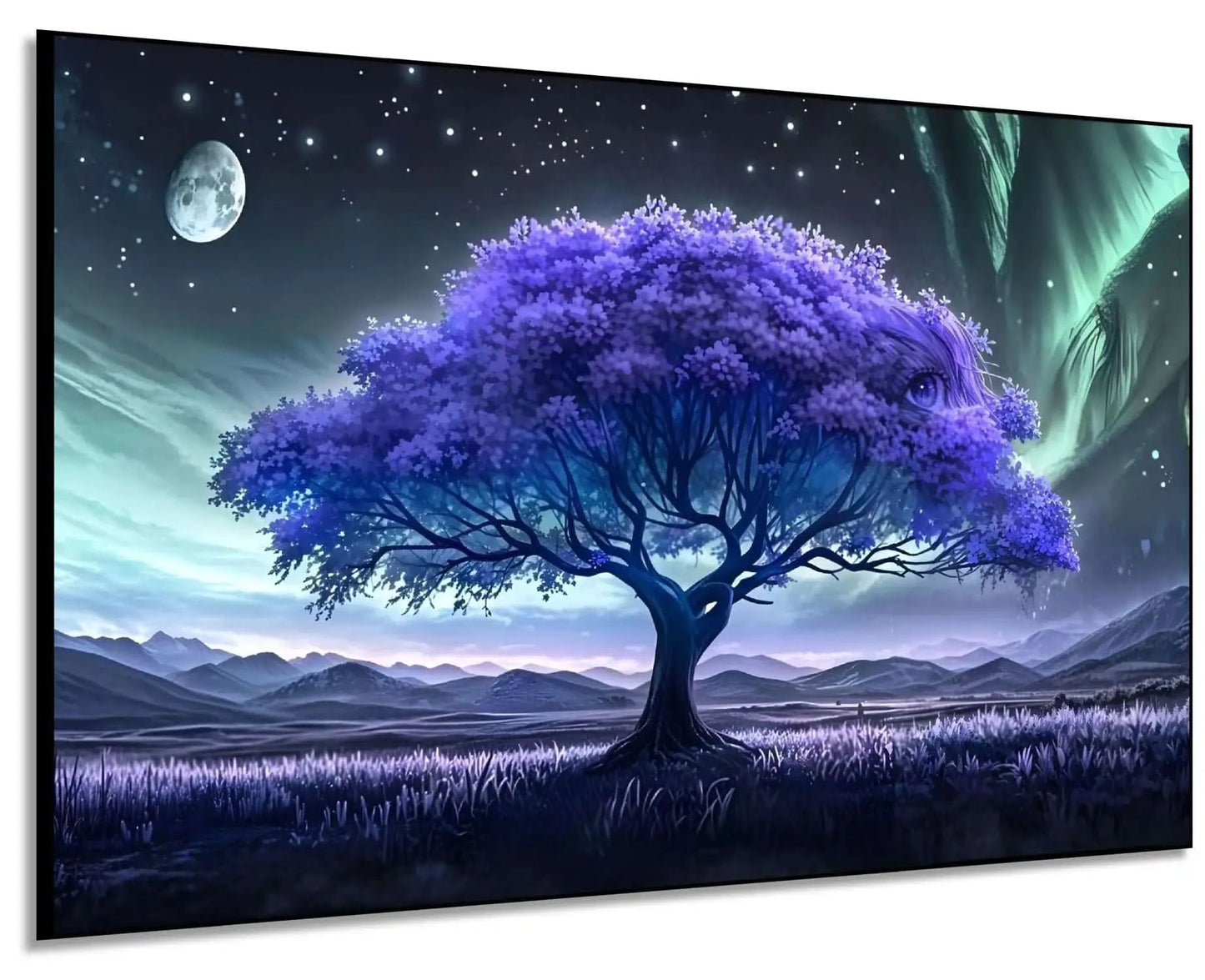 Arbre surréaliste violet avec visage caché sous une aurore, palette bleue et turquoise; atmosphère mystérieuse pour chambre.