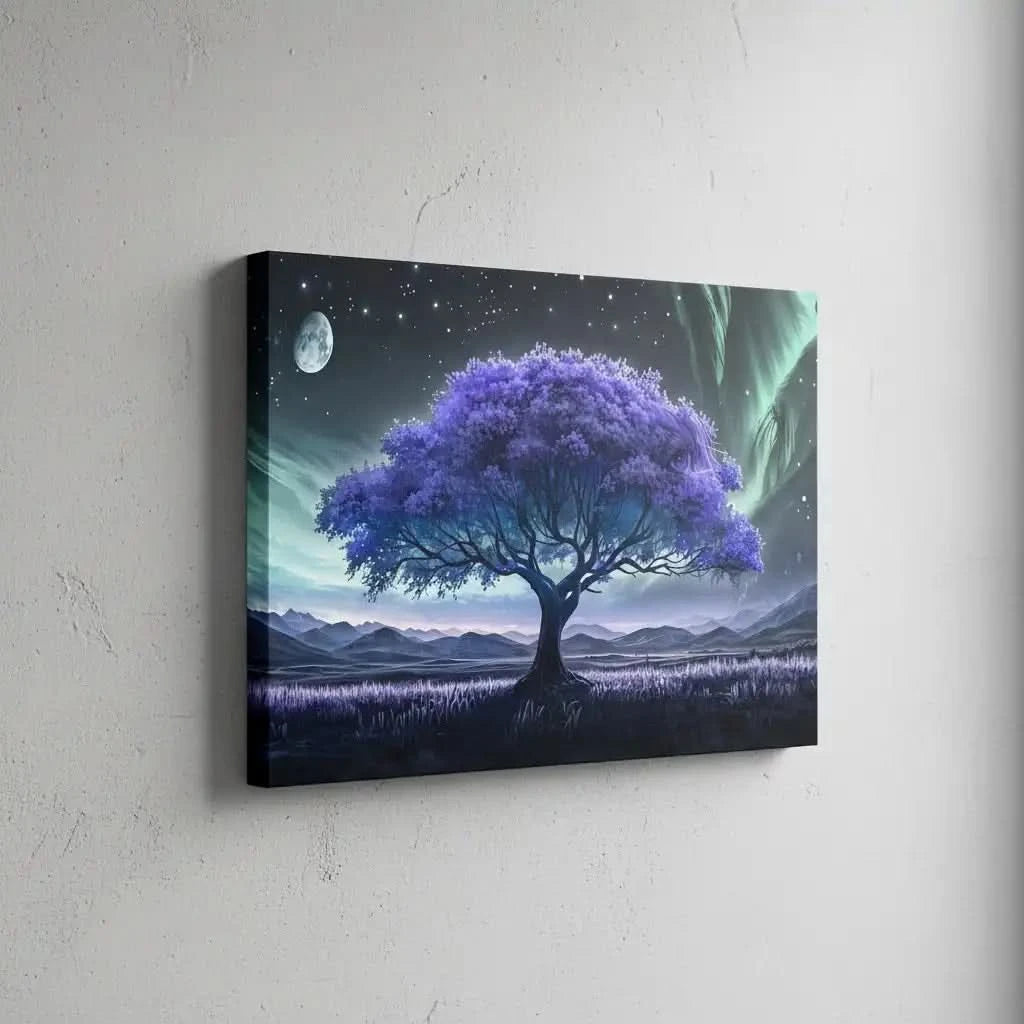 Arbre surréaliste violet avec visage caché sous une aurore, palette bleue et turquoise; atmosphère mystérieuse pour chambre.