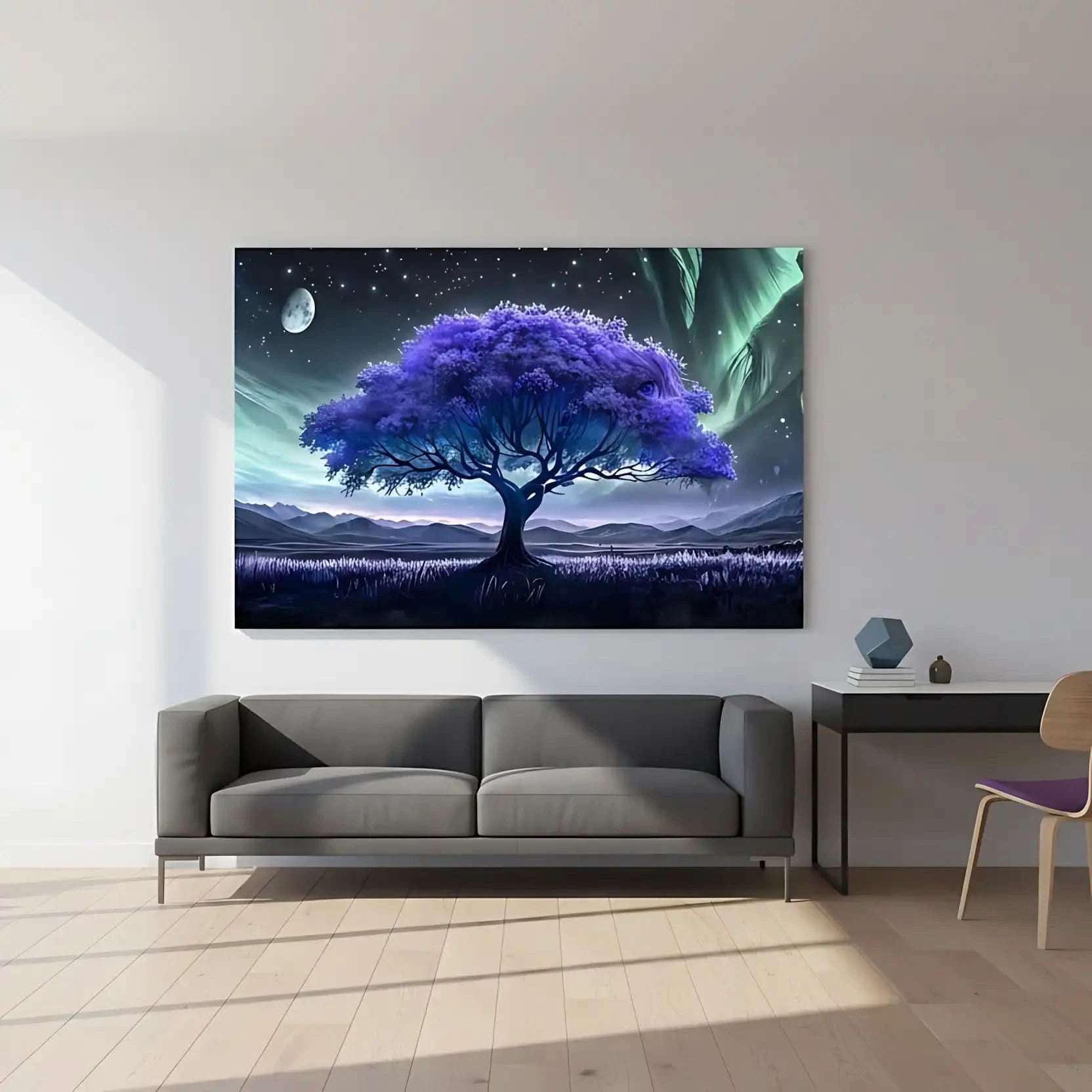 Arbre surréaliste violet avec visage caché sous une aurore, palette bleue et turquoise; atmosphère mystérieuse pour chambre.