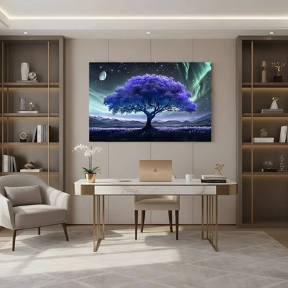 Arbre surréaliste violet avec visage caché sous une aurore, palette bleue et turquoise; atmosphère mystérieuse pour chambre.