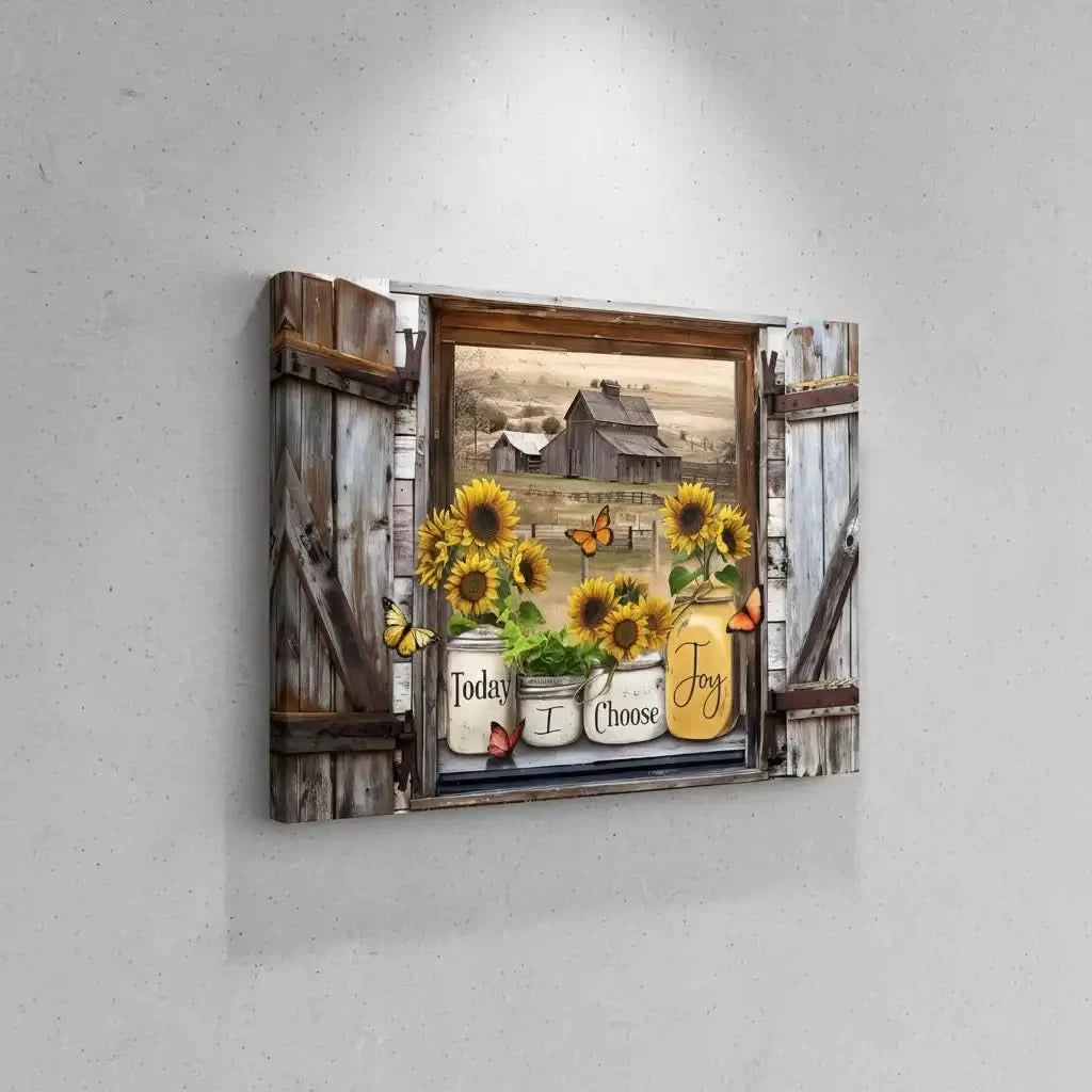 Fenêtre rustique avec tournesols éclatants et papillons, grange en arrière-plan, ambiance chaleureuse et joyeuse pour salon ou chambre.