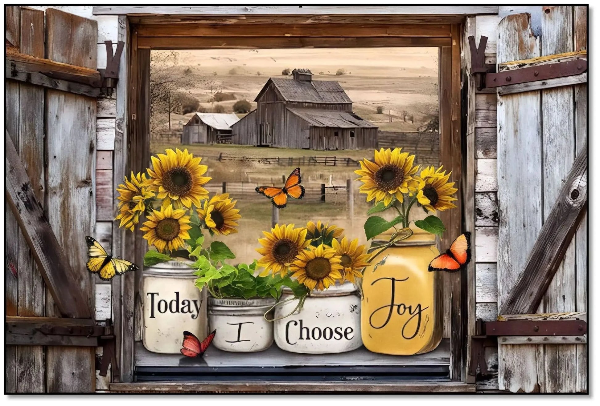 Fenêtre rustique avec tournesols éclatants et papillons, grange en arrière-plan, ambiance chaleureuse et joyeuse pour salon ou chambre.