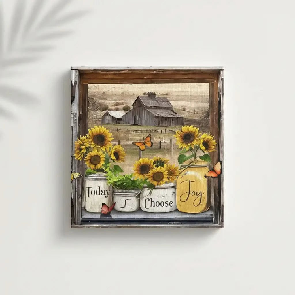 Fenêtre rustique avec tournesols éclatants et papillons, grange en arrière-plan, ambiance chaleureuse et joyeuse pour salon ou chambre.