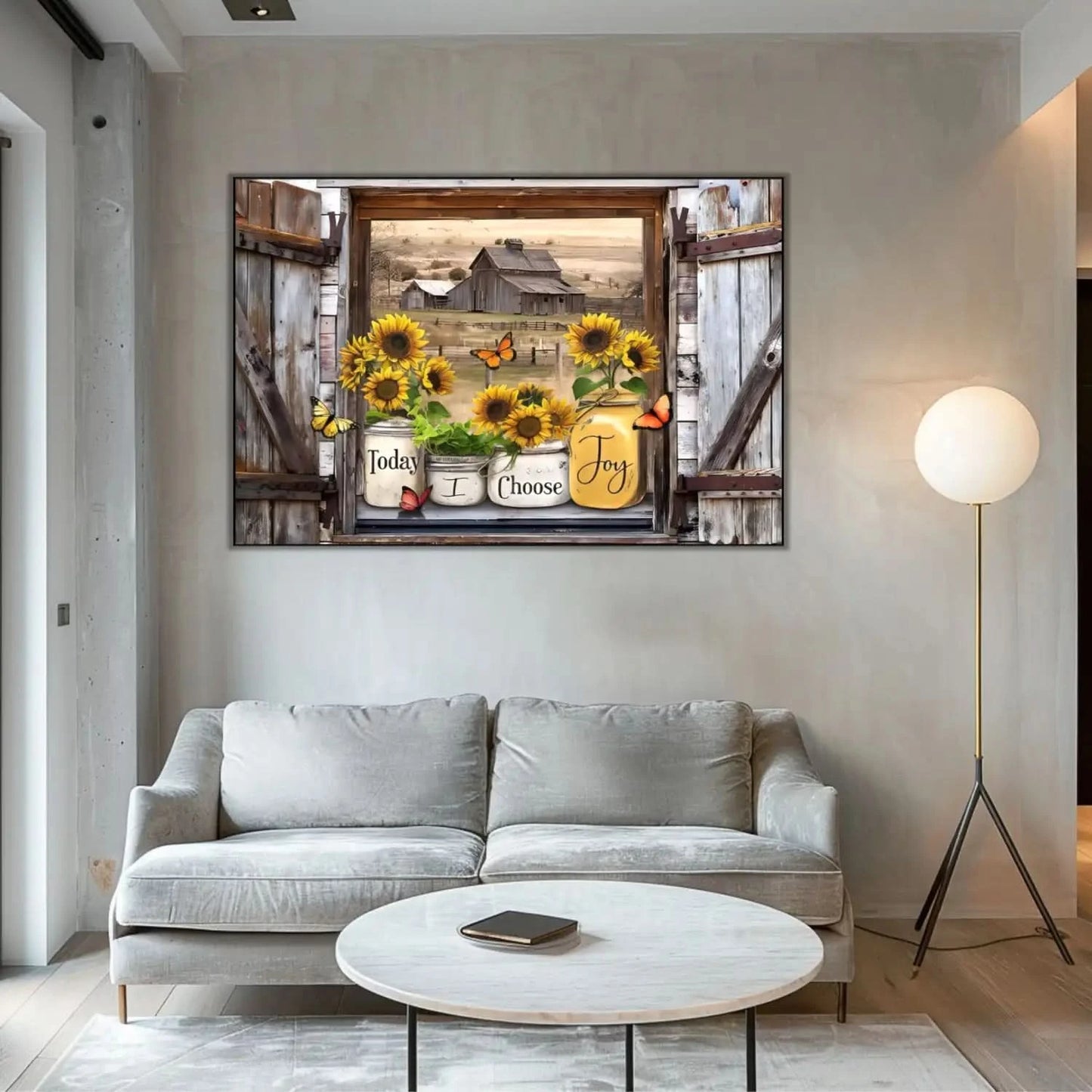 Fenêtre rustique avec tournesols éclatants et papillons, grange en arrière-plan, ambiance chaleureuse et joyeuse pour salon ou chambre.