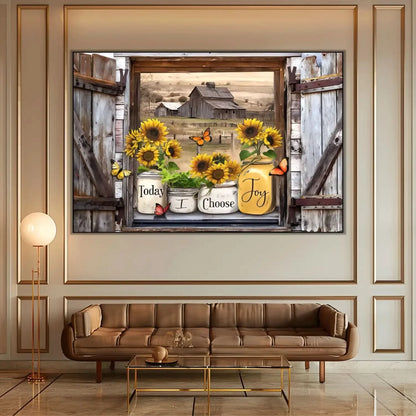 Fenêtre rustique avec tournesols éclatants et papillons, grange en arrière-plan, ambiance chaleureuse et joyeuse pour salon ou chambre.