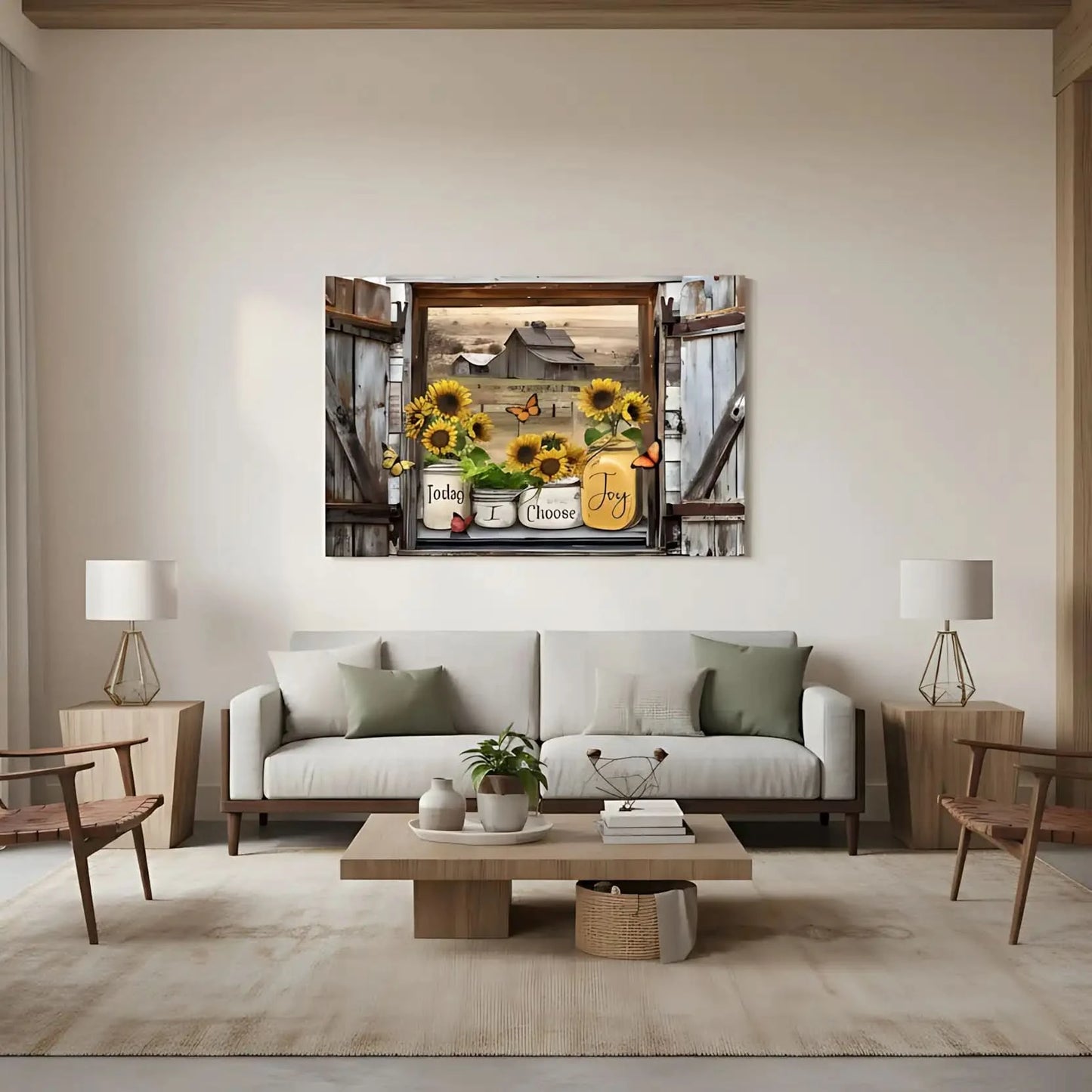 Fenêtre rustique avec tournesols éclatants et papillons, grange en arrière-plan, ambiance chaleureuse et joyeuse pour salon ou chambre.