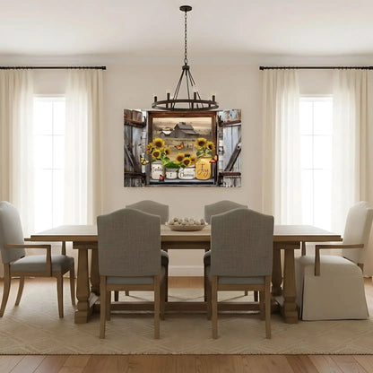 Fenêtre rustique avec tournesols éclatants et papillons, grange en arrière-plan, ambiance chaleureuse et joyeuse pour salon ou chambre.