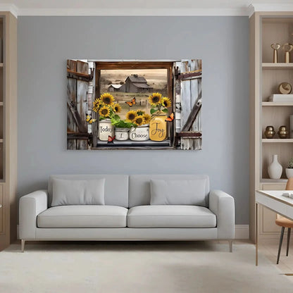 Fenêtre rustique avec tournesols éclatants et papillons, grange en arrière-plan, ambiance chaleureuse et joyeuse pour salon ou chambre.