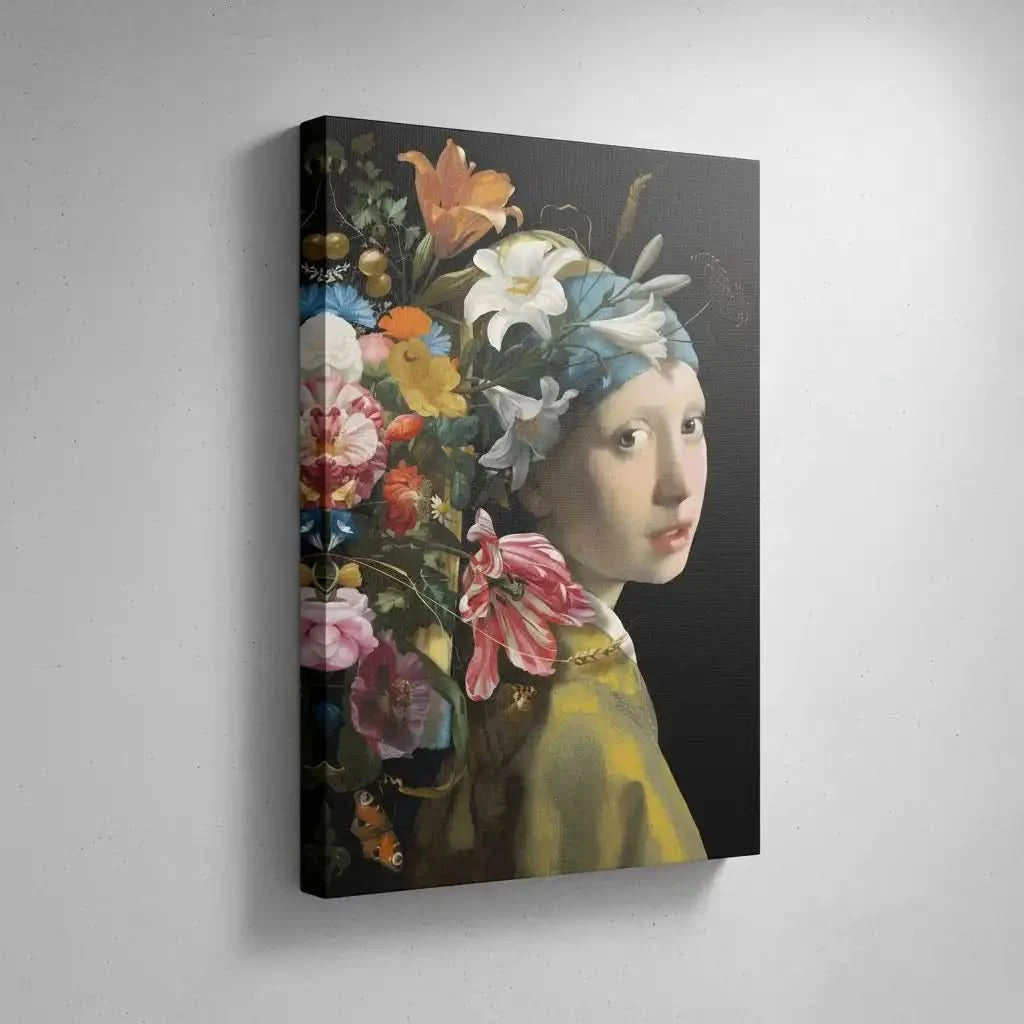 Portrait classique avec explosion florale multicolore sur fond noir, ambiance élégante et mystérieuse pour salon ou chambre.