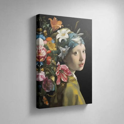 Portrait classique avec explosion florale multicolore sur fond noir, ambiance élégante et mystérieuse pour salon ou chambre.