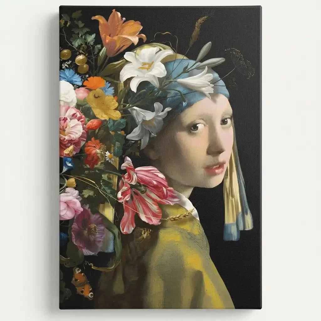 Portrait classique avec explosion florale multicolore sur fond noir, ambiance élégante et mystérieuse pour salon ou chambre.
