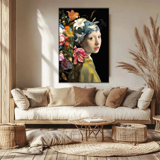 Portrait classique avec explosion florale multicolore sur fond noir, ambiance élégante et mystérieuse pour salon ou chambre.