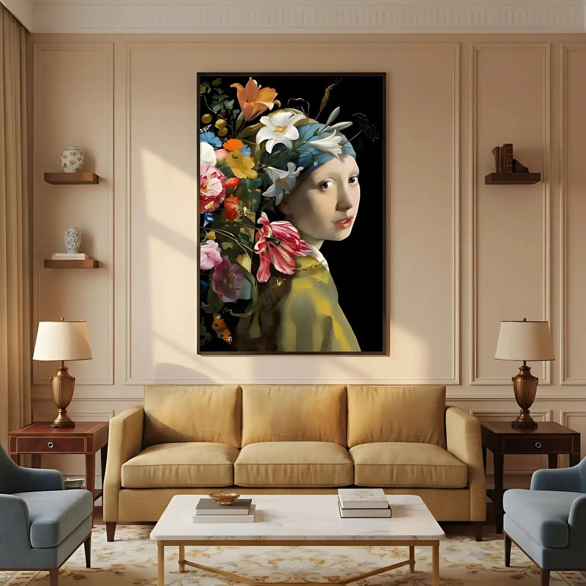 Portrait classique avec explosion florale multicolore sur fond noir, ambiance élégante et mystérieuse pour salon ou chambre.