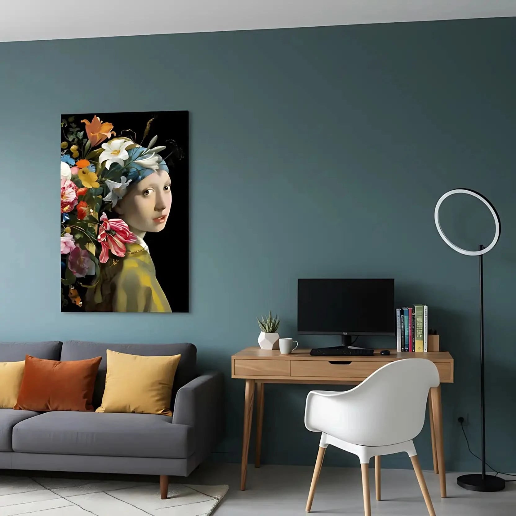 Portrait classique avec explosion florale multicolore sur fond noir, ambiance élégante et mystérieuse pour salon ou chambre.
