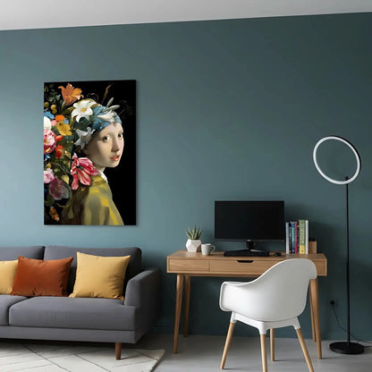 Portrait classique avec explosion florale multicolore sur fond noir, ambiance élégante et mystérieuse pour salon ou chambre.