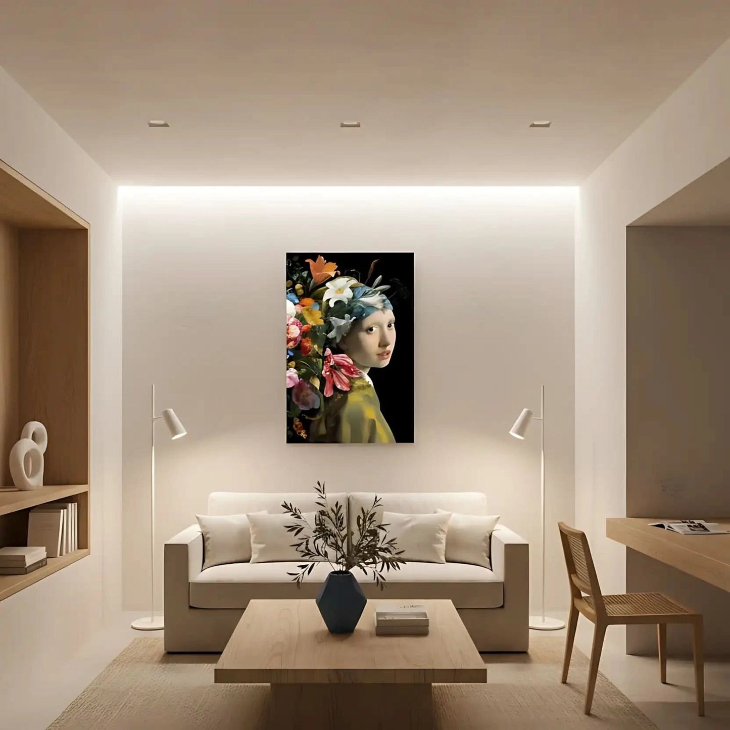 Portrait classique avec explosion florale multicolore sur fond noir, ambiance élégante et mystérieuse pour salon ou chambre.