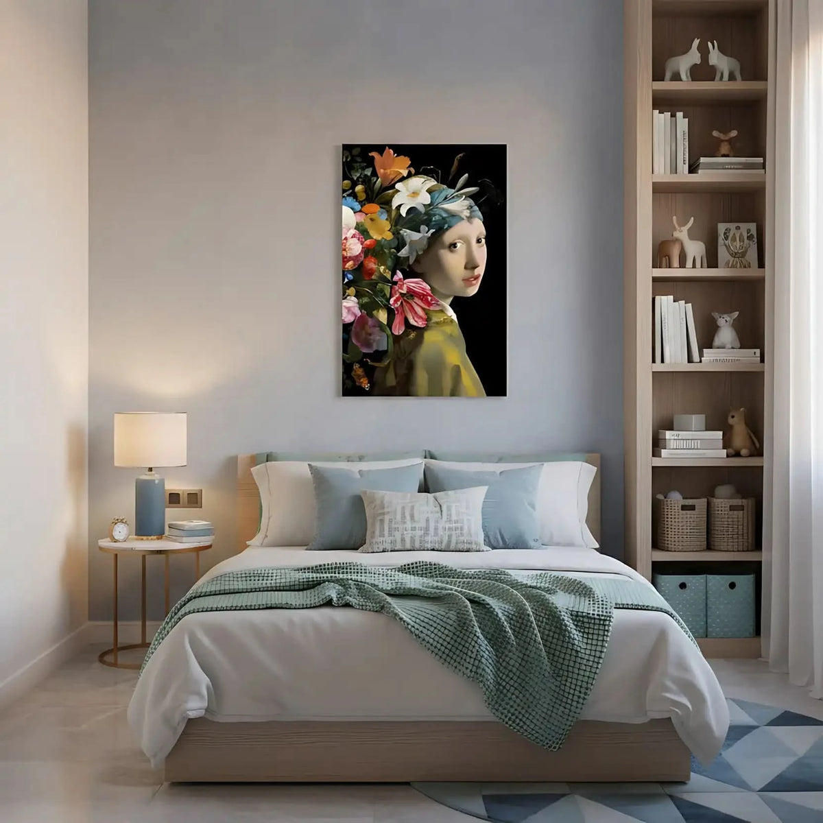 Portrait classique avec explosion florale multicolore sur fond noir, ambiance élégante et mystérieuse pour salon ou chambre.