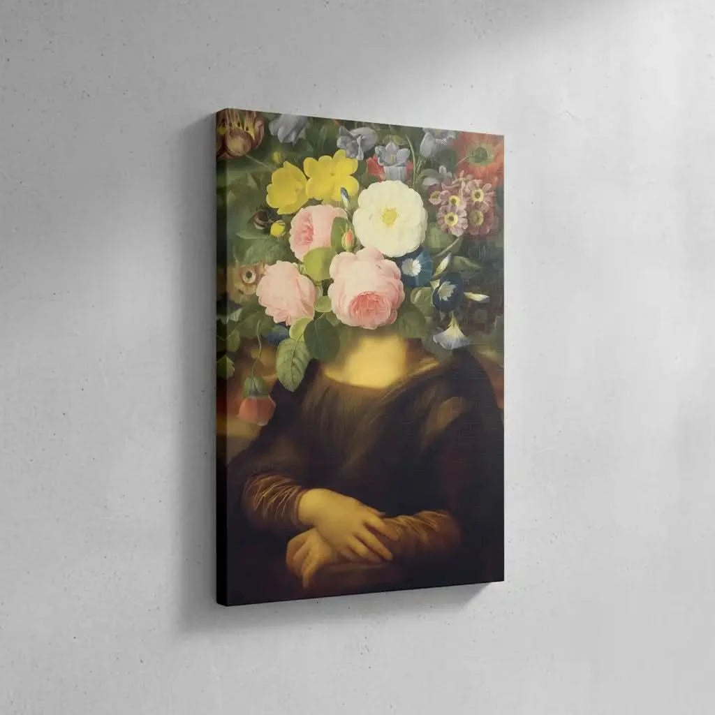 Tableau surréaliste avec visage remplacé par des fleurs éclatantes, ambiance mystérieuse et apaisante pour salon ou chambre.