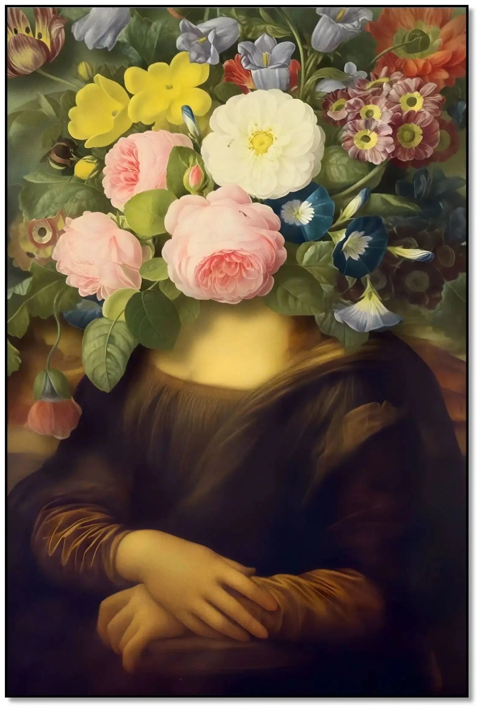 Tableau surréaliste avec visage remplacé par des fleurs éclatantes, ambiance mystérieuse et apaisante pour salon ou chambre.