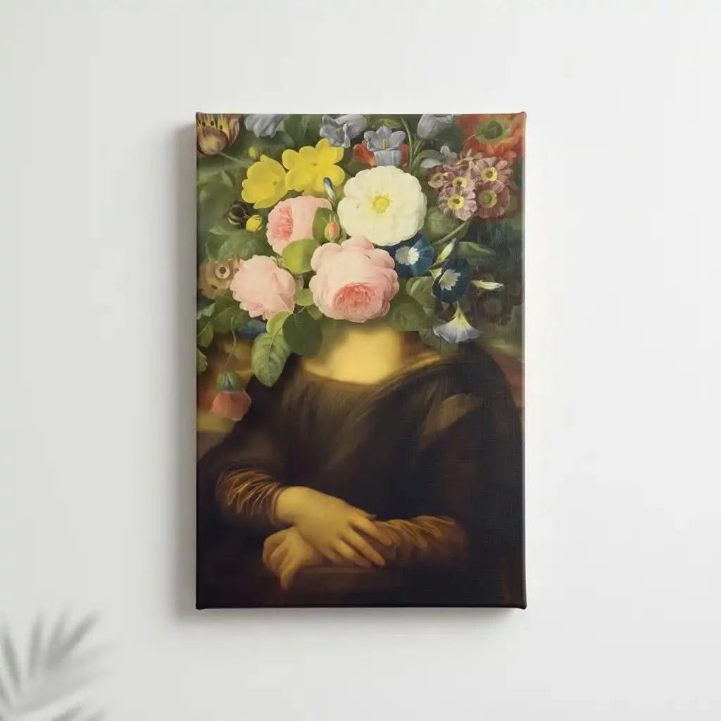 Tableau surréaliste avec visage remplacé par des fleurs éclatantes, ambiance mystérieuse et apaisante pour salon ou chambre.