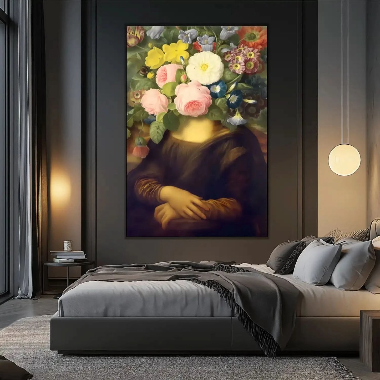Tableau surréaliste avec visage remplacé par des fleurs éclatantes, ambiance mystérieuse et apaisante pour salon ou chambre.