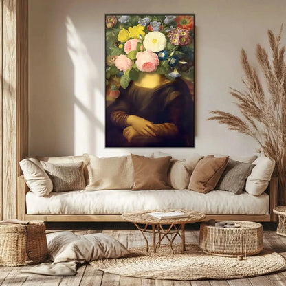 Tableau surréaliste avec visage remplacé par des fleurs éclatantes, ambiance mystérieuse et apaisante pour salon ou chambre.