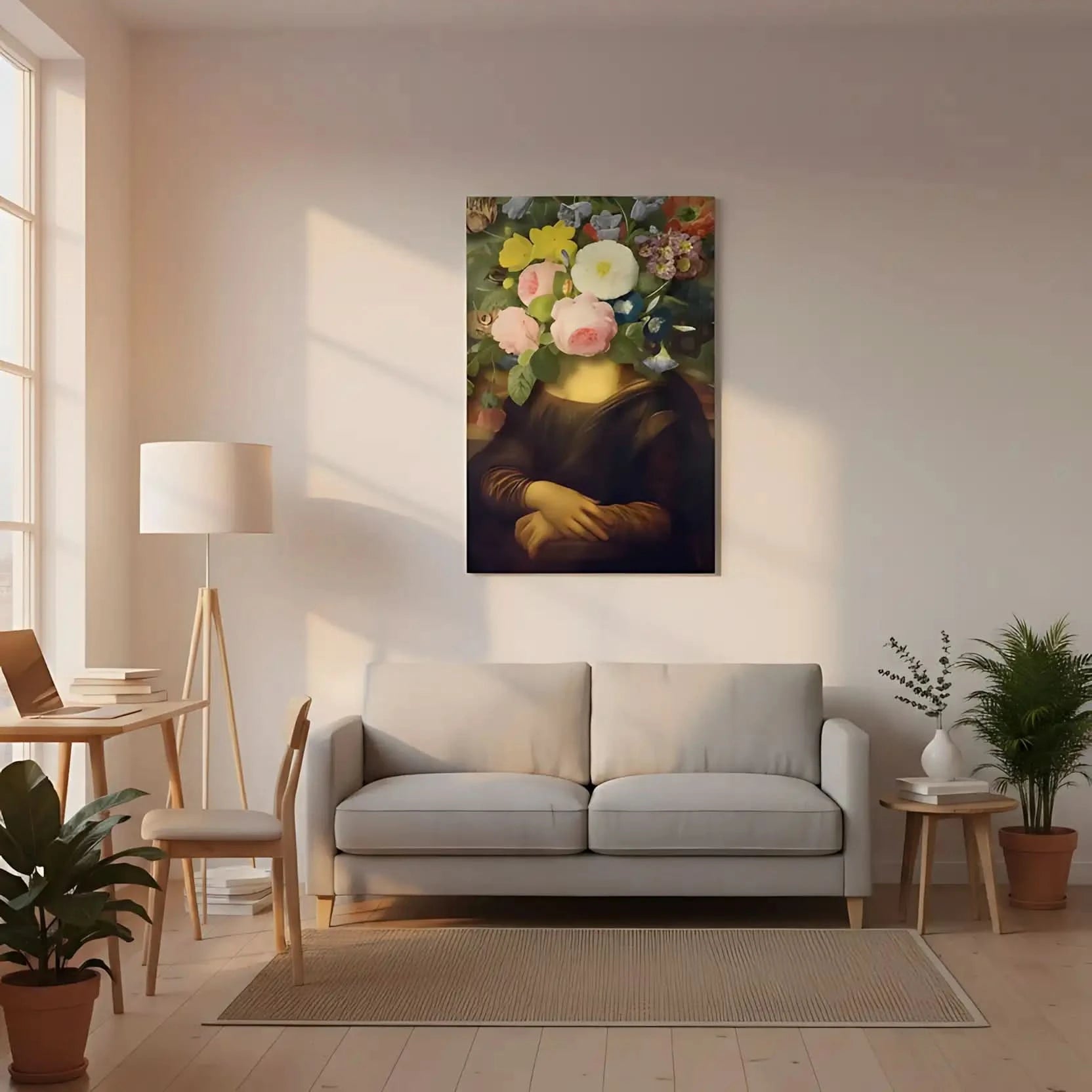Tableau surréaliste avec visage remplacé par des fleurs éclatantes, ambiance mystérieuse et apaisante pour salon ou chambre.