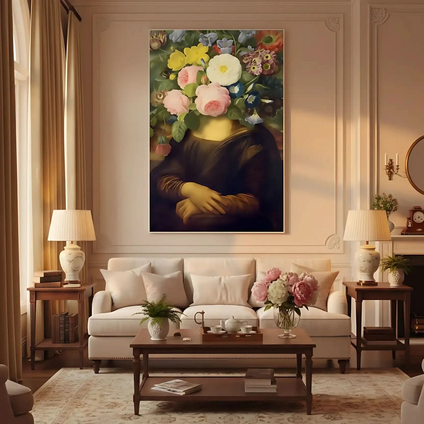 Tableau surréaliste avec visage remplacé par des fleurs éclatantes, ambiance mystérieuse et apaisante pour salon ou chambre.