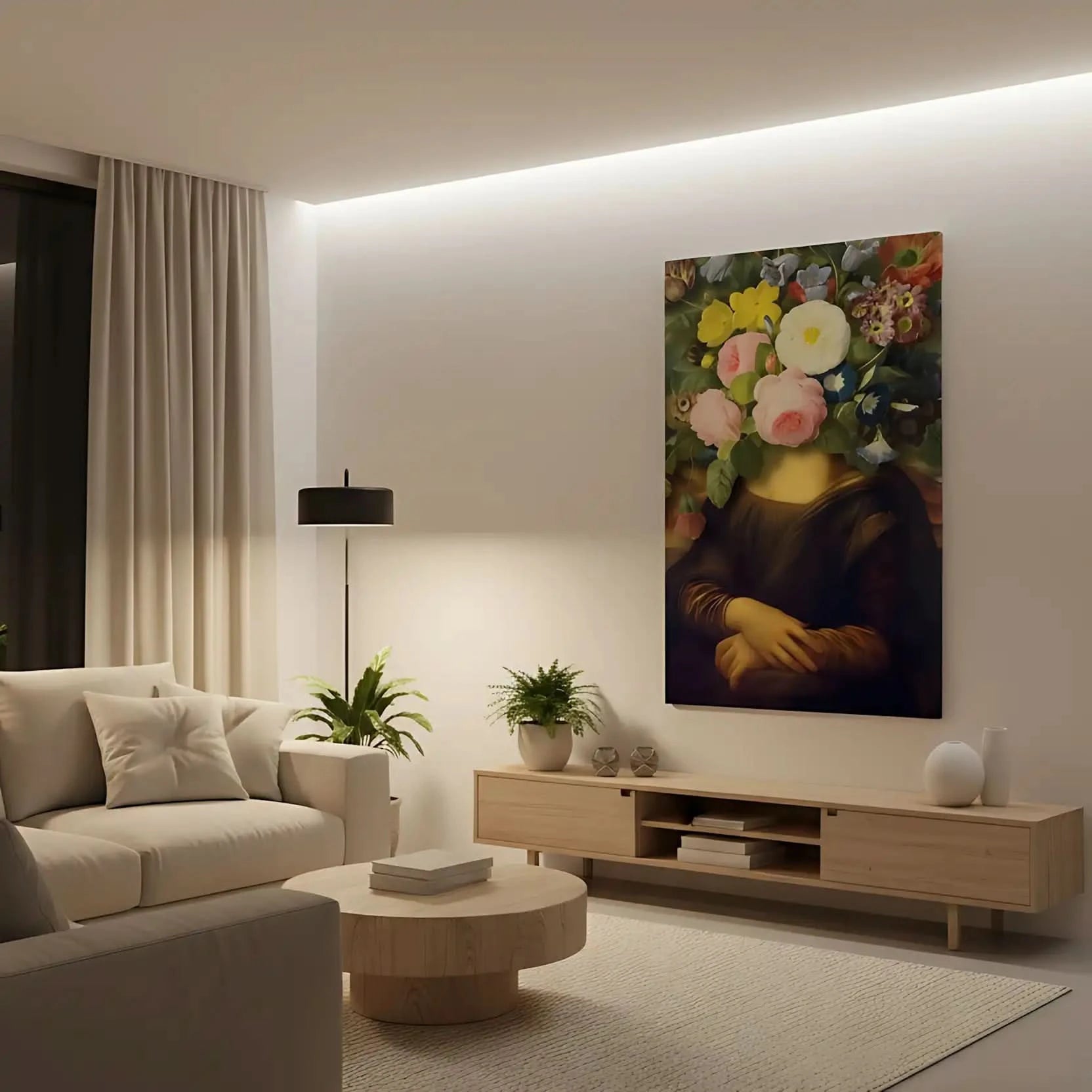 Tableau surréaliste avec visage remplacé par des fleurs éclatantes, ambiance mystérieuse et apaisante pour salon ou chambre.