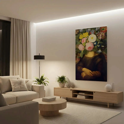 Tableau surréaliste avec visage remplacé par des fleurs éclatantes, ambiance mystérieuse et apaisante pour salon ou chambre.
