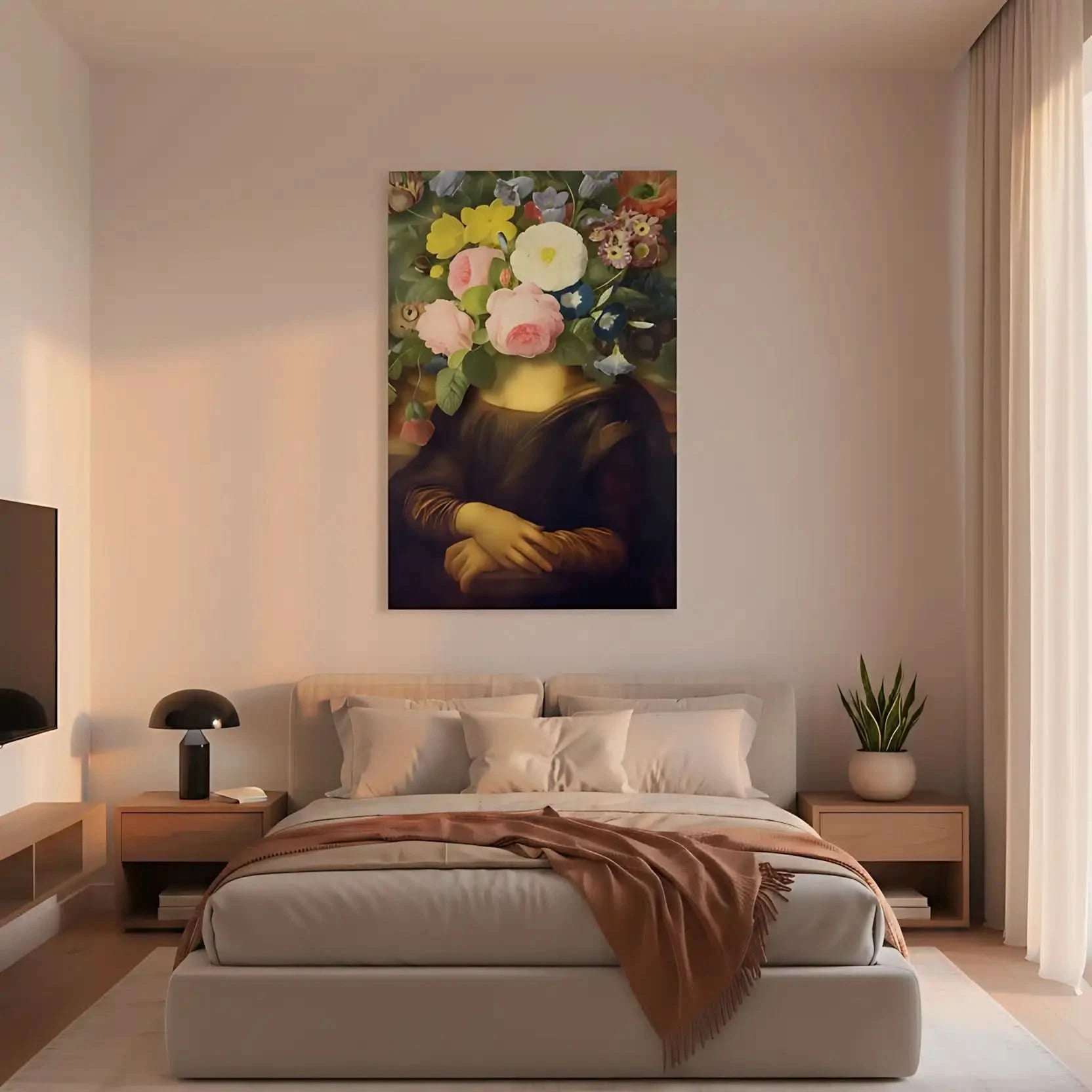 Tableau surréaliste avec visage remplacé par des fleurs éclatantes, ambiance mystérieuse et apaisante pour salon ou chambre.