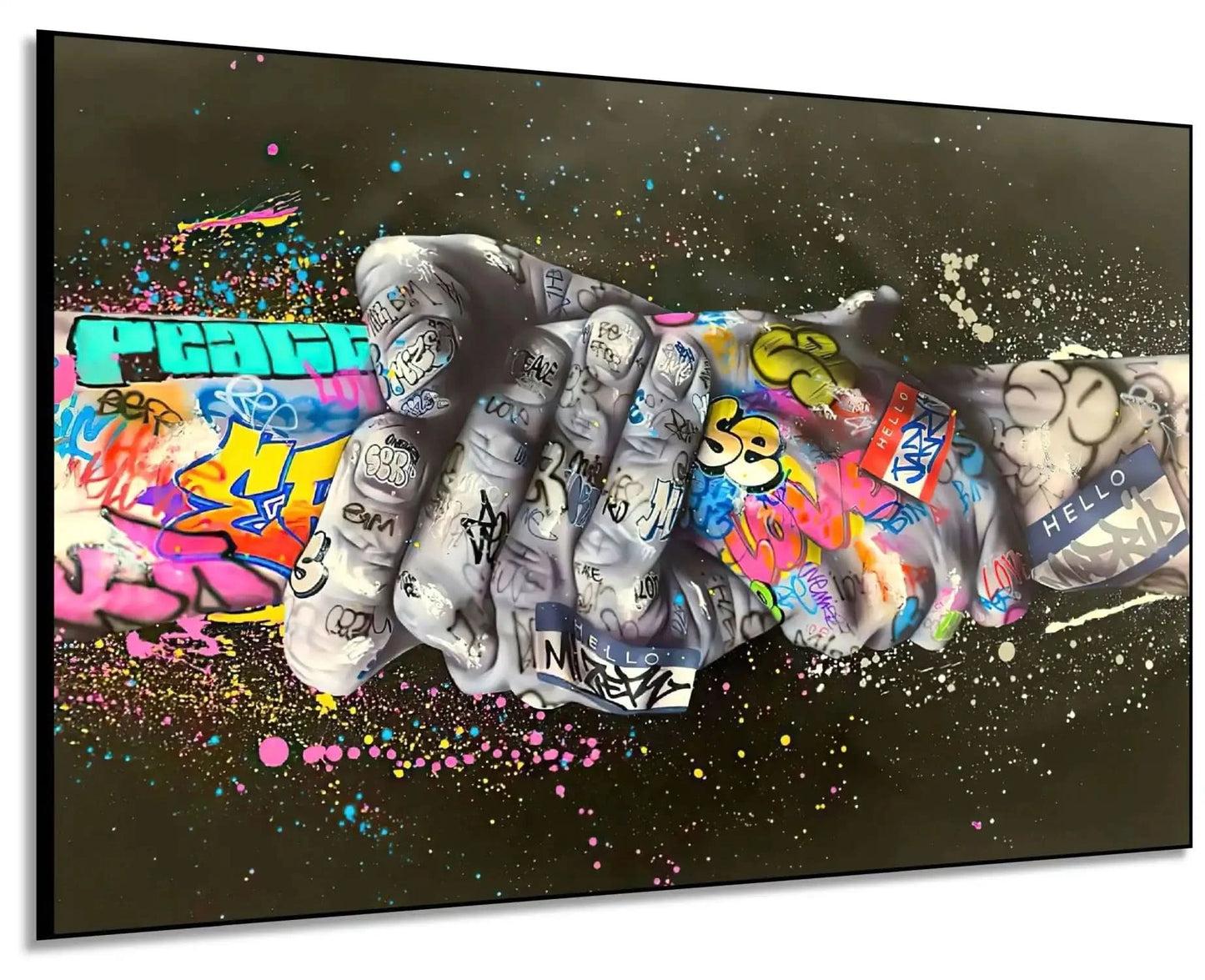 Tableau street art avec poignée de main, graffitis multicolores, ambiance urbaine et dynamique pour salon moderne ou bureau.