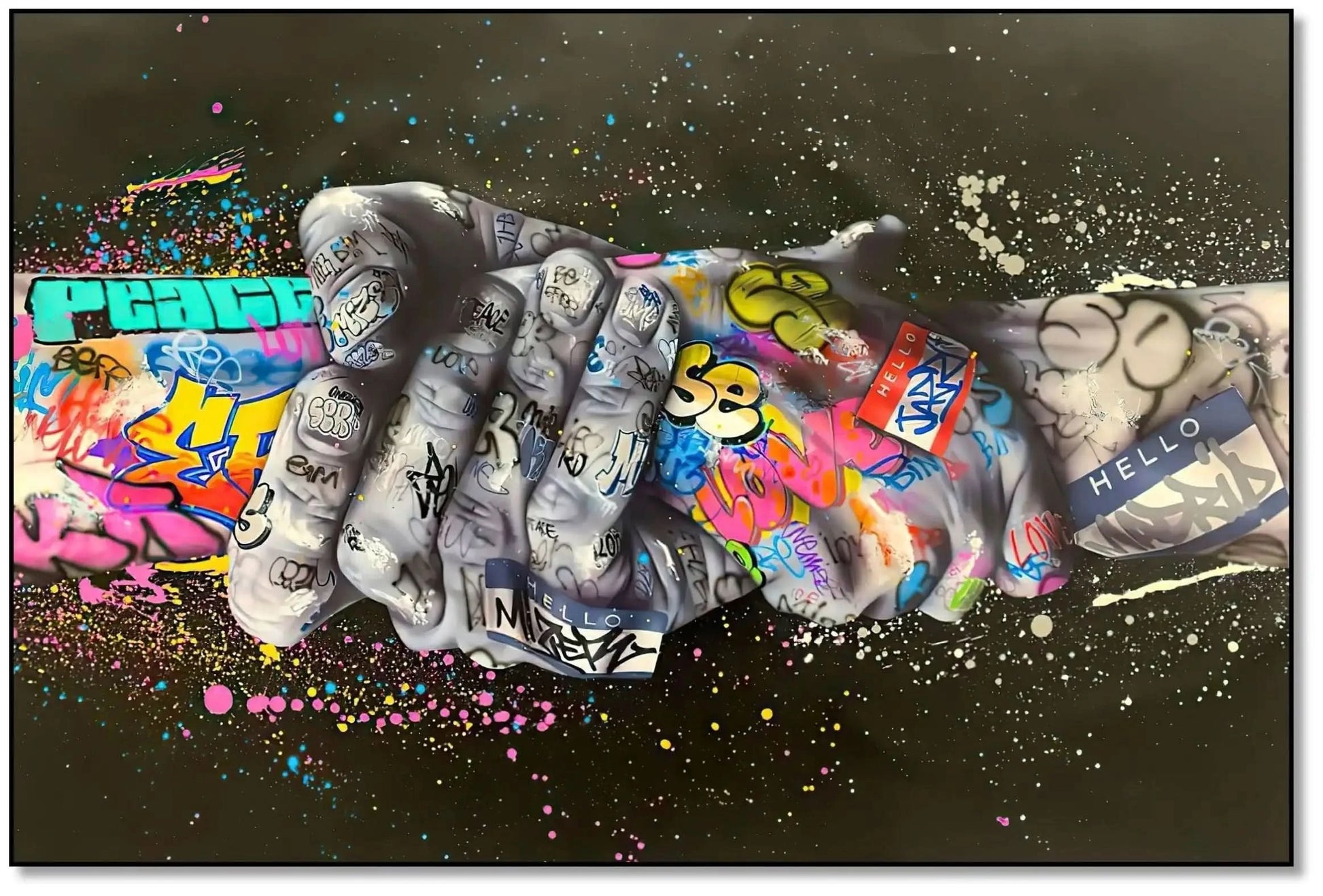 Tableau street art avec poignée de main, graffitis multicolores, ambiance urbaine et dynamique pour salon moderne ou bureau.