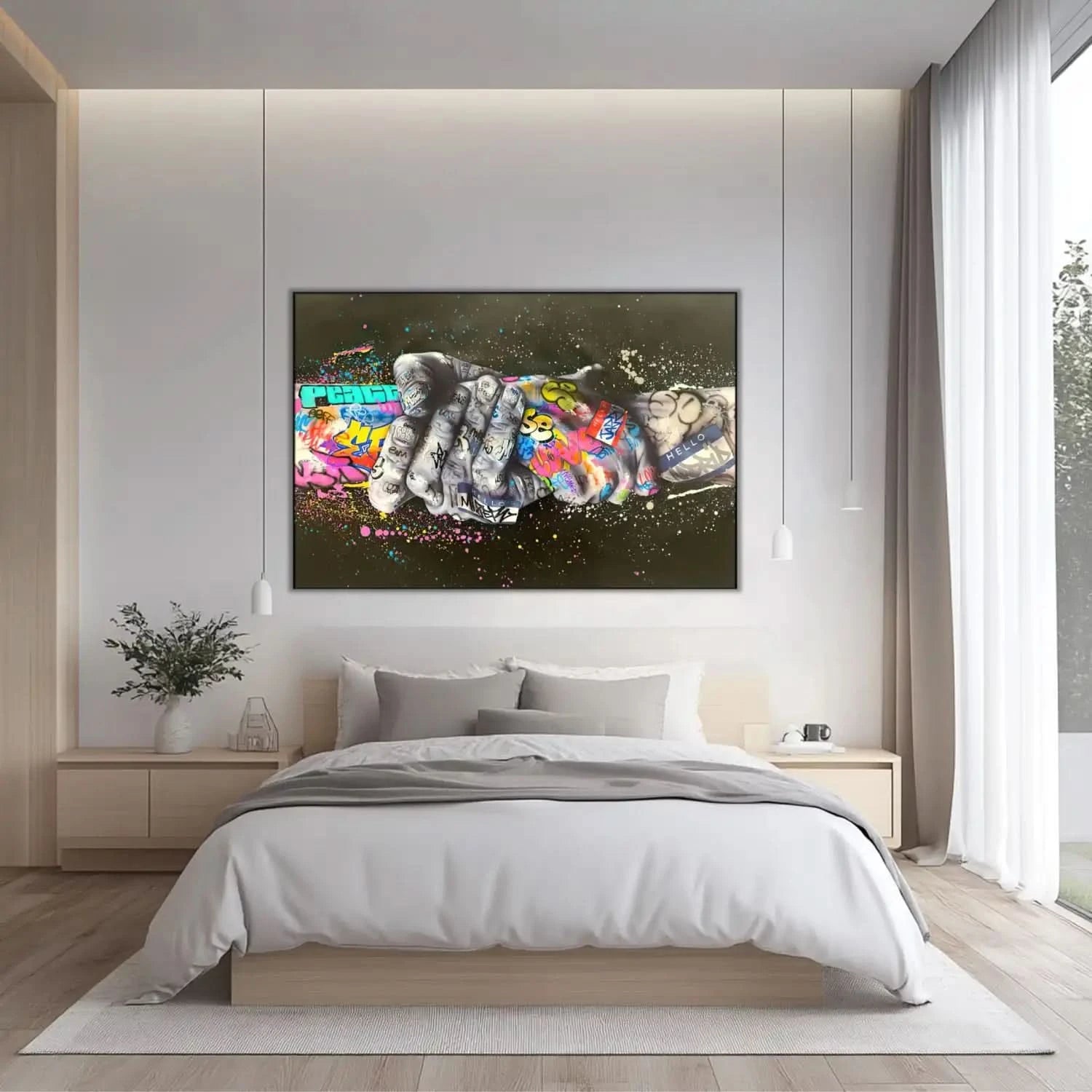 Tableau street art avec poignée de main, graffitis multicolores, ambiance urbaine et dynamique pour salon moderne ou bureau.