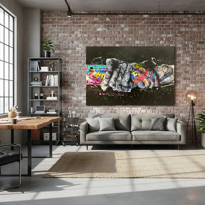 Tableau street art avec poignée de main, graffitis multicolores, ambiance urbaine et dynamique pour salon moderne ou bureau.