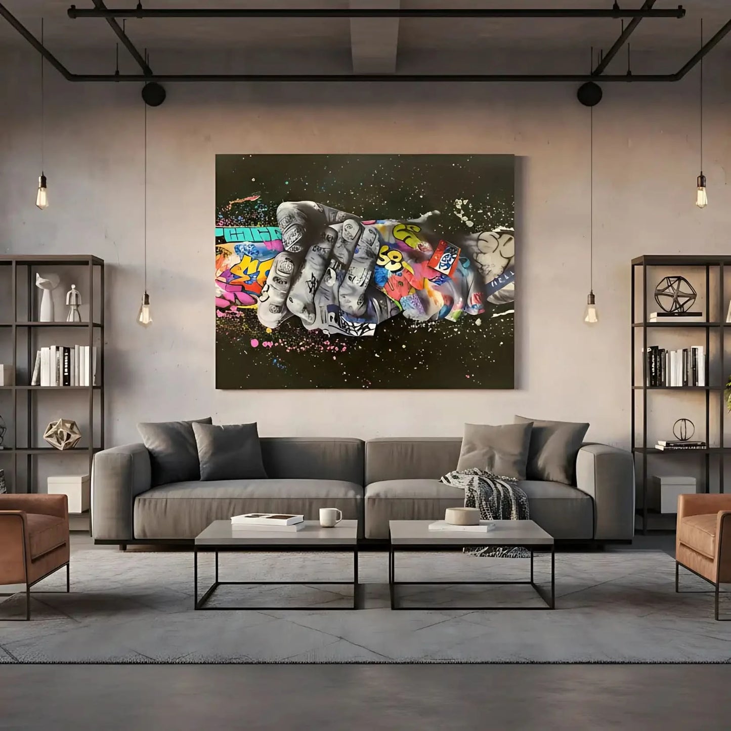 Tableau street art avec poignée de main, graffitis multicolores, ambiance urbaine et dynamique pour salon moderne ou bureau.