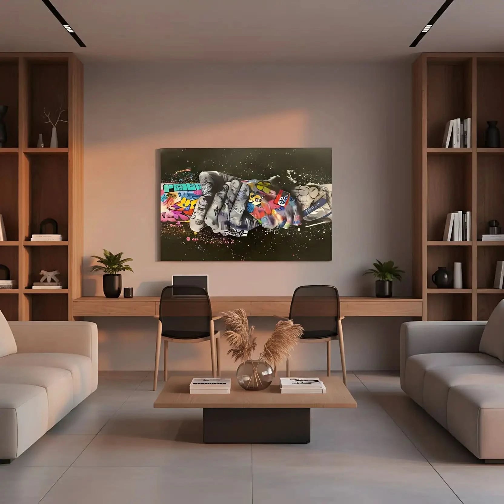 Tableau street art avec poignée de main, graffitis multicolores, ambiance urbaine et dynamique pour salon moderne ou bureau.