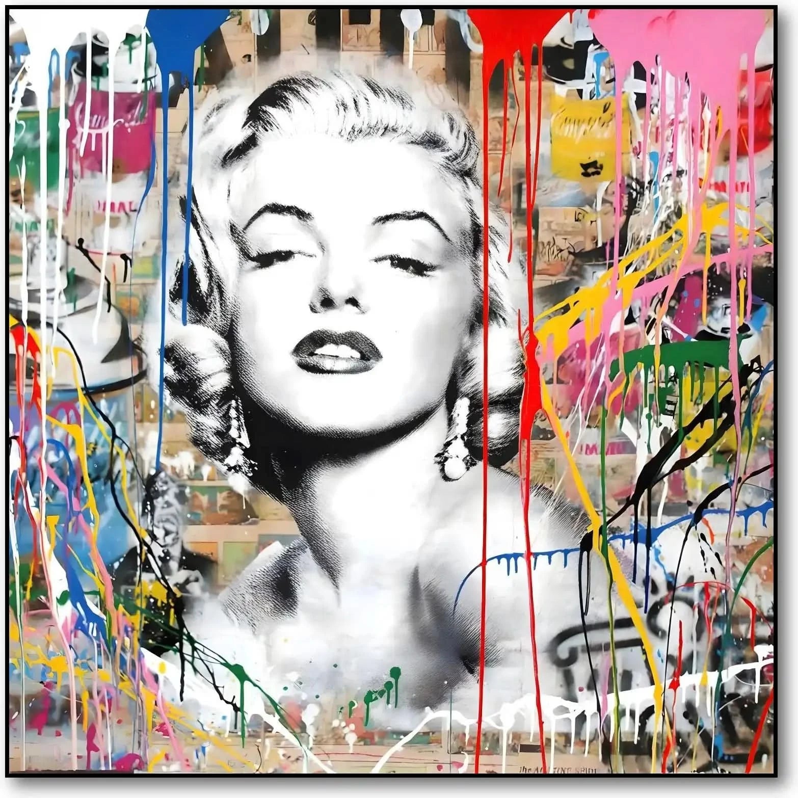 Portrait pop art en noir et blanc avec coulures de peinture multicolores, ambiance urbaine et dynamique pour salon moderne.