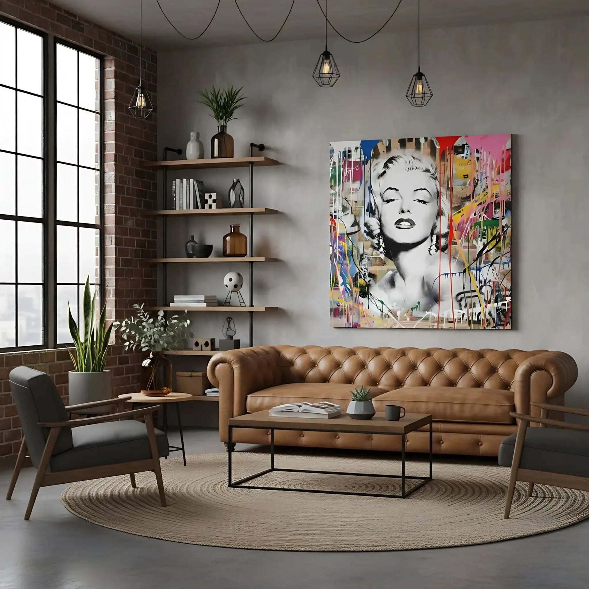 Portrait pop art en noir et blanc avec coulures de peinture multicolores, ambiance urbaine et dynamique pour salon moderne.