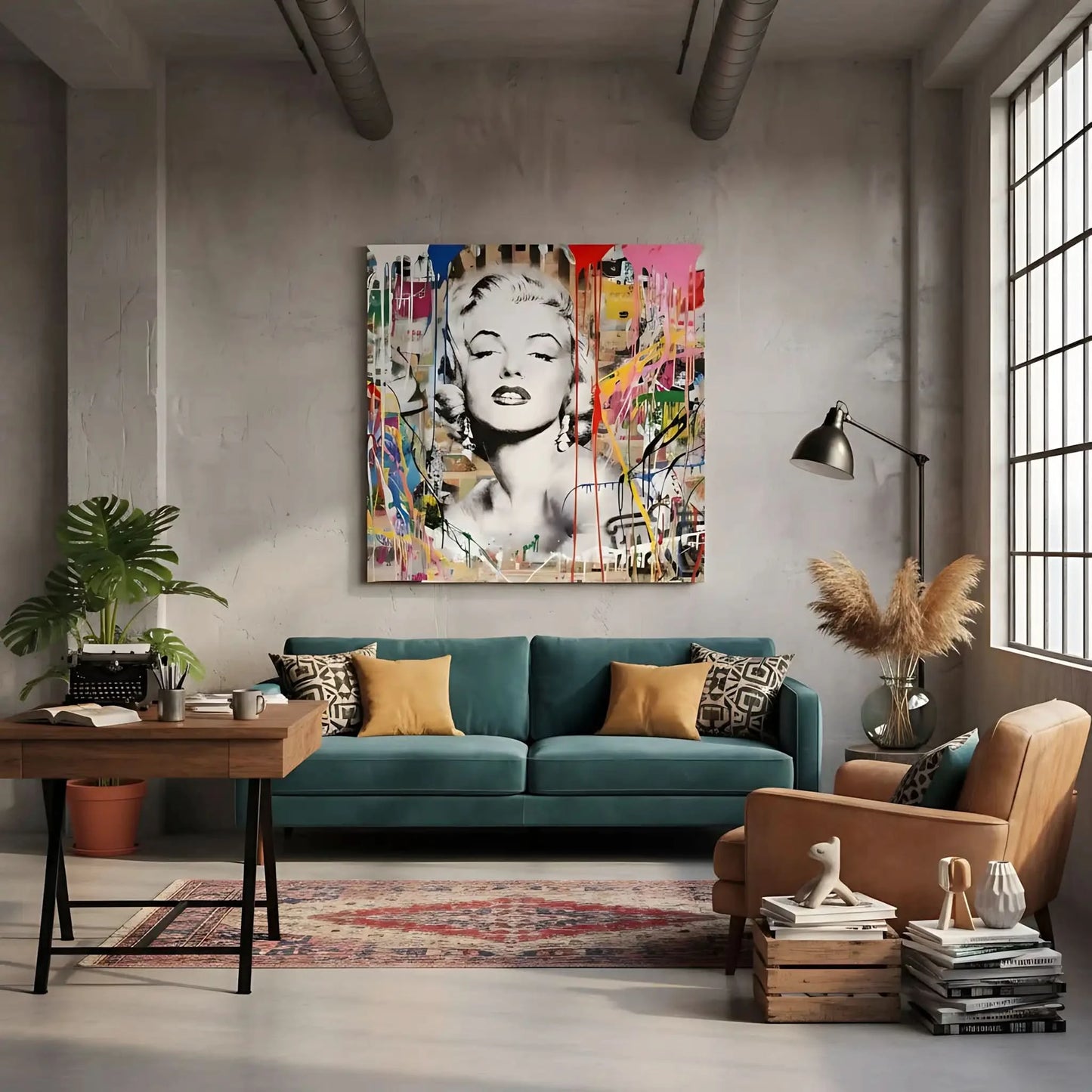 Portrait pop art en noir et blanc avec coulures de peinture multicolores, ambiance urbaine et dynamique pour salon moderne.