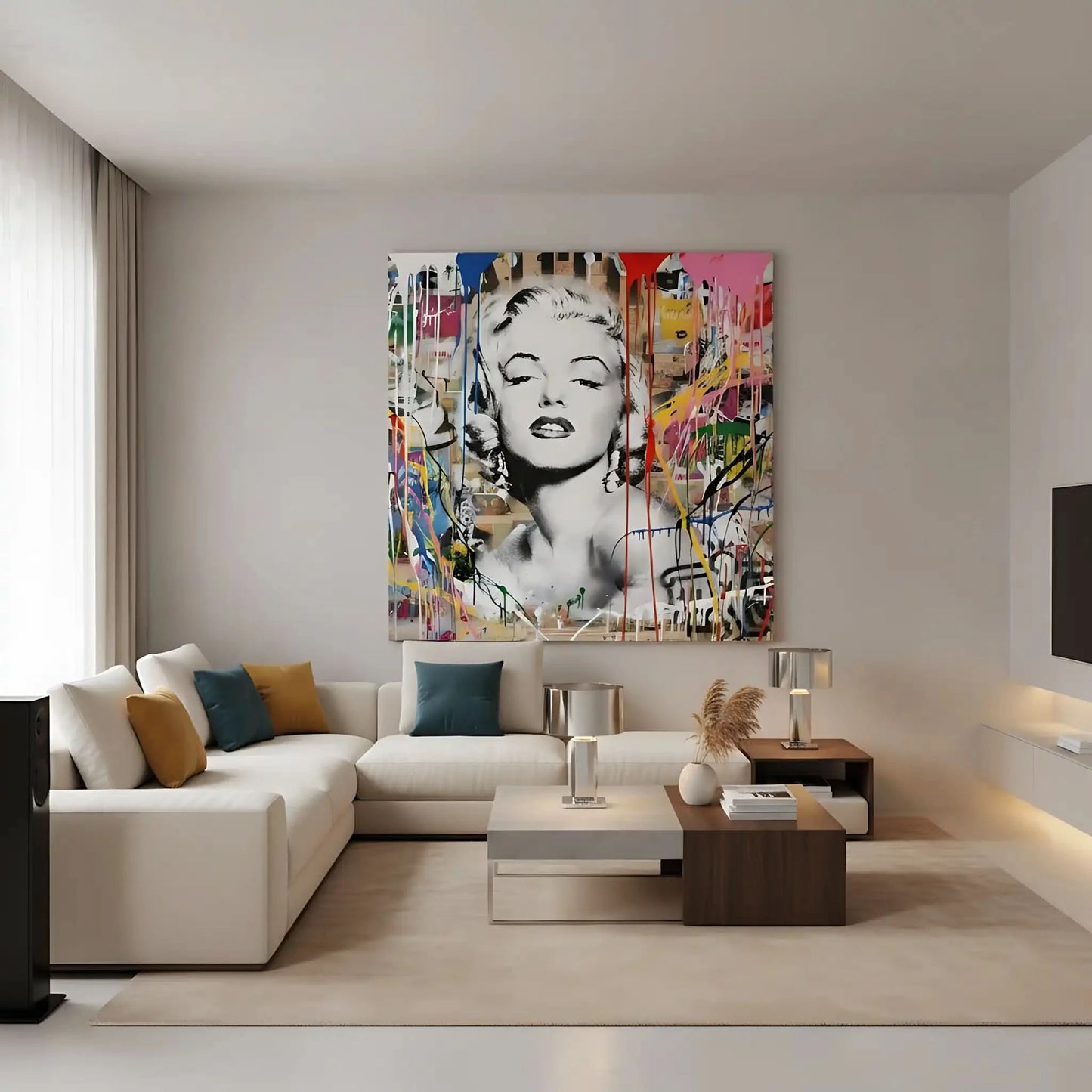 Portrait pop art en noir et blanc avec coulures de peinture multicolores, ambiance urbaine et dynamique pour salon moderne.