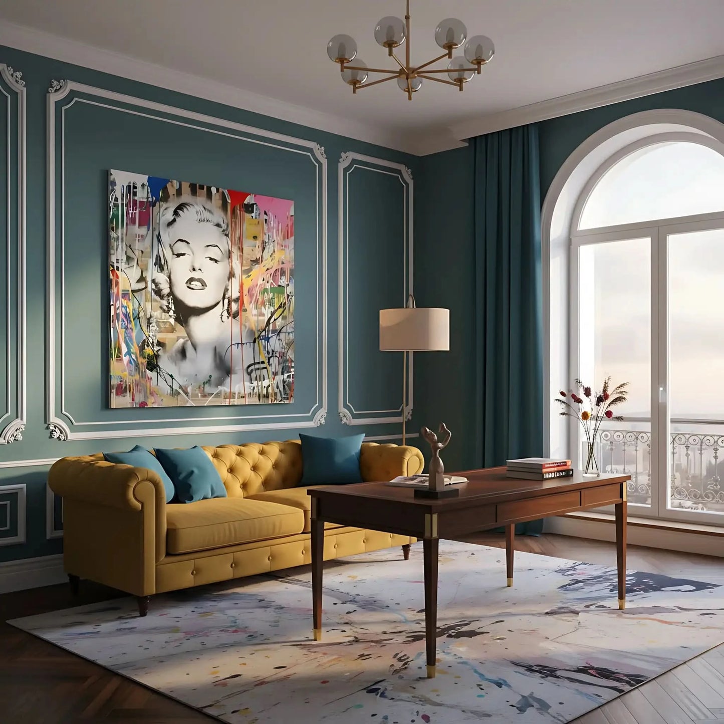 Portrait pop art en noir et blanc avec coulures de peinture multicolores, ambiance urbaine et dynamique pour salon moderne.