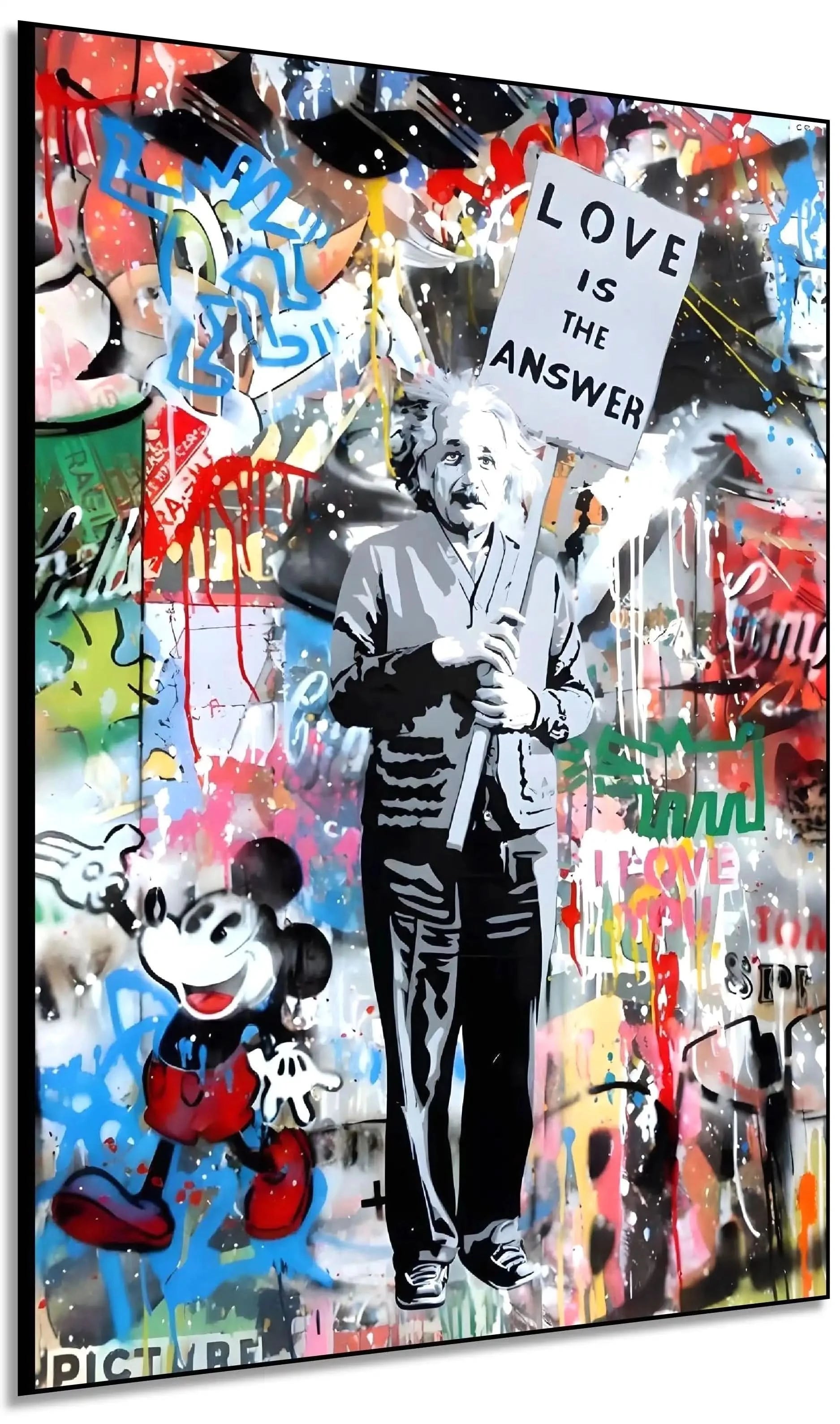 Toile pop art avec message d'amour, couleurs vives et personnages iconiques, idéale pour salon ou bureau moderne.