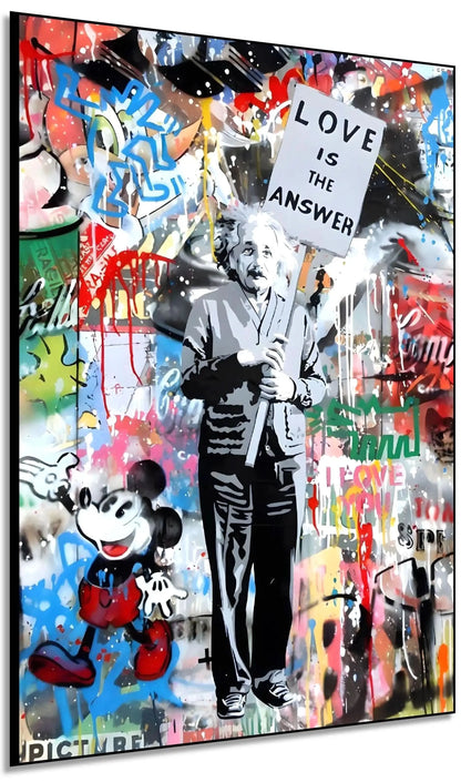Toile pop art avec message d'amour, couleurs vives et personnages iconiques, idéale pour salon ou bureau moderne.