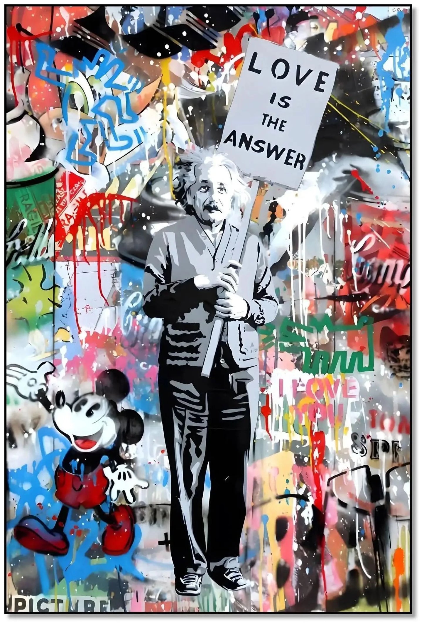 Toile pop art avec message d'amour, couleurs vives et personnages iconiques, idéale pour salon ou bureau moderne.