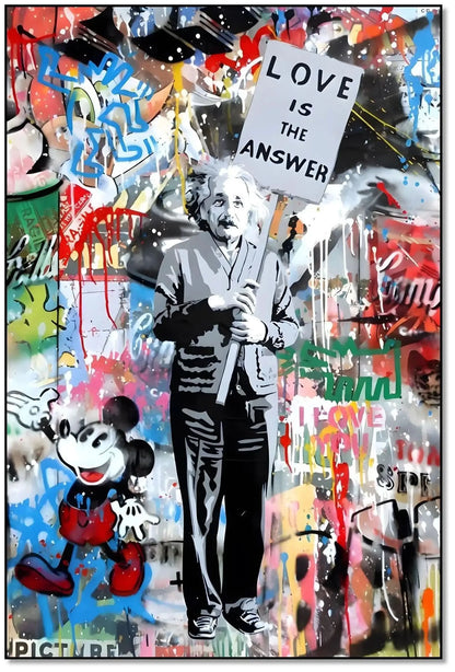 Toile pop art avec message d'amour, couleurs vives et personnages iconiques, idéale pour salon ou bureau moderne.