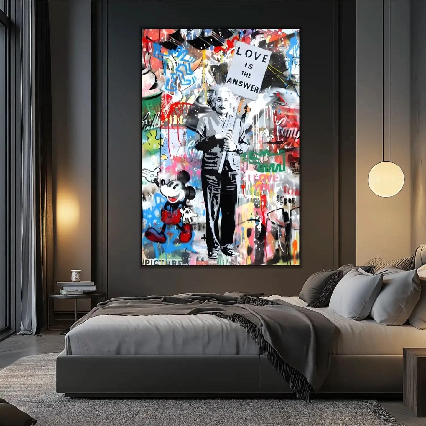 Toile pop art avec message d'amour, couleurs vives et personnages iconiques, idéale pour salon ou bureau moderne.