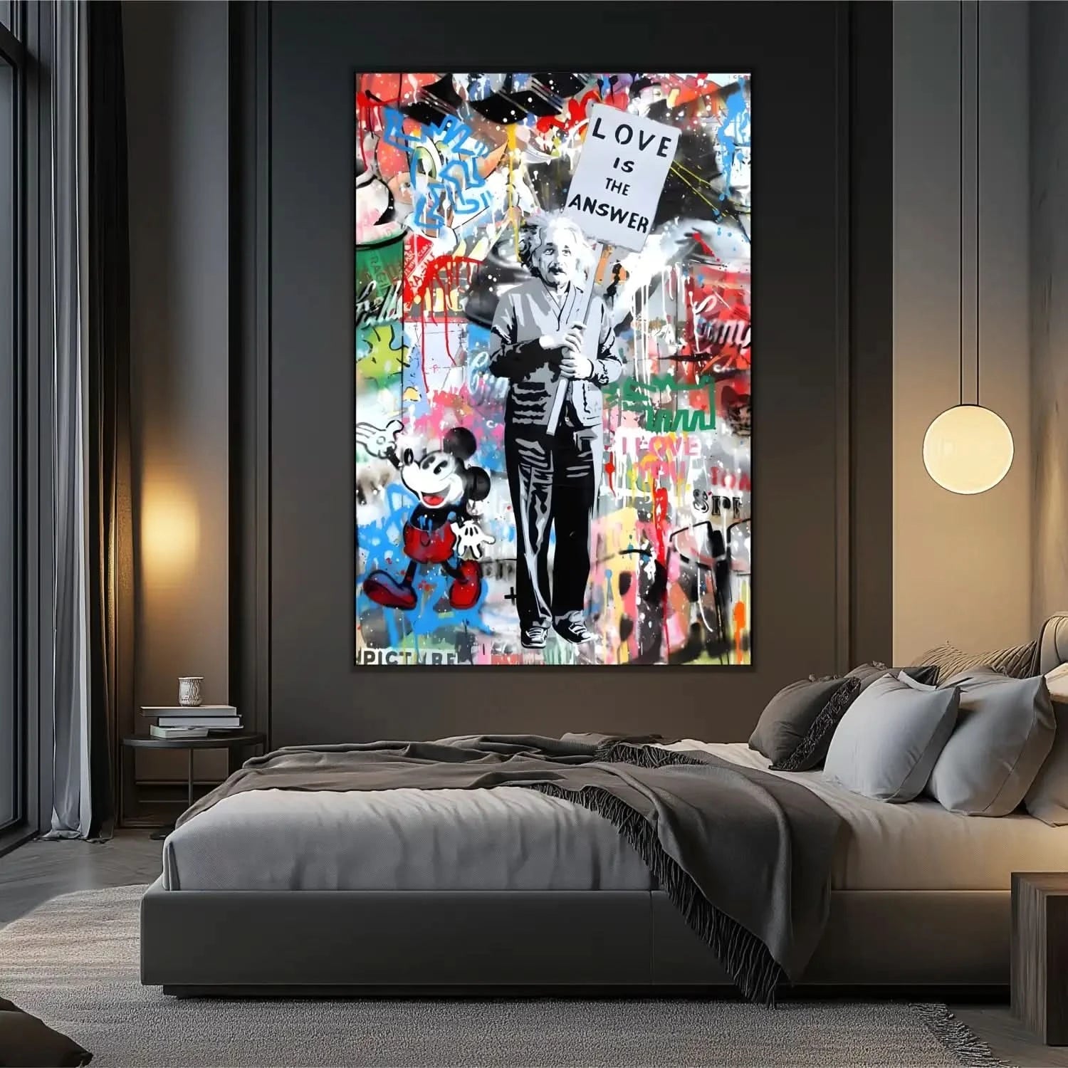 Toile pop art avec message d'amour, couleurs vives et personnages iconiques, idéale pour salon ou bureau moderne.